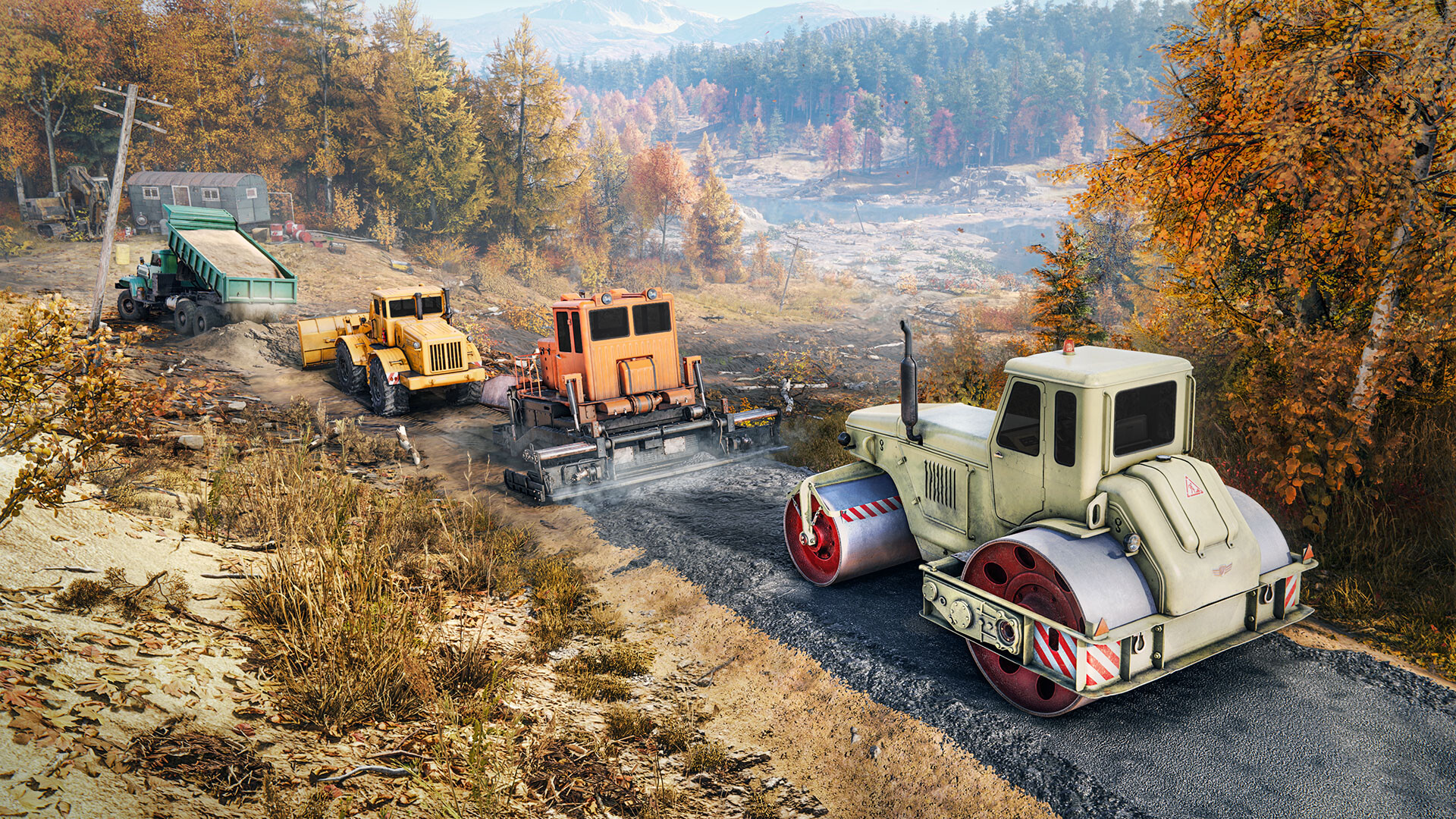 Convoy of Trucks Paving a Road
